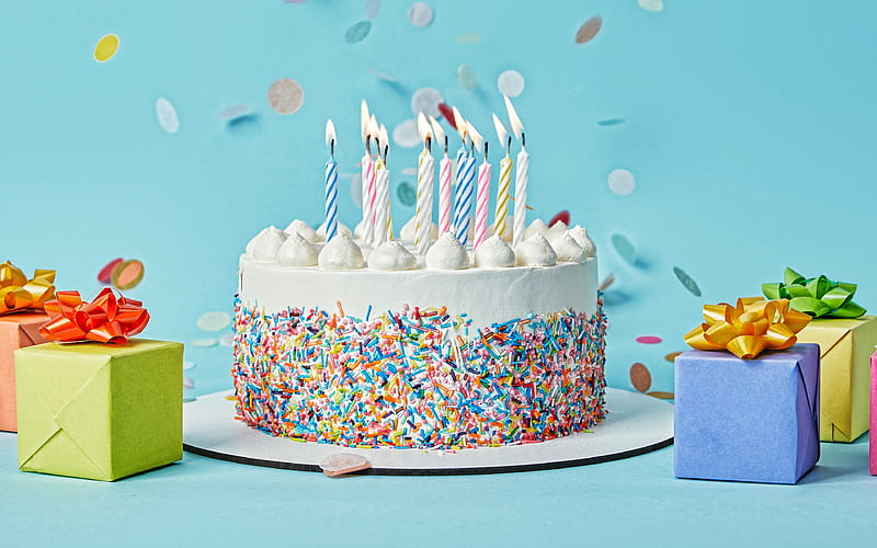 Happy birthday cake with candles on the background of garlands a Stock  Photo - Alamy