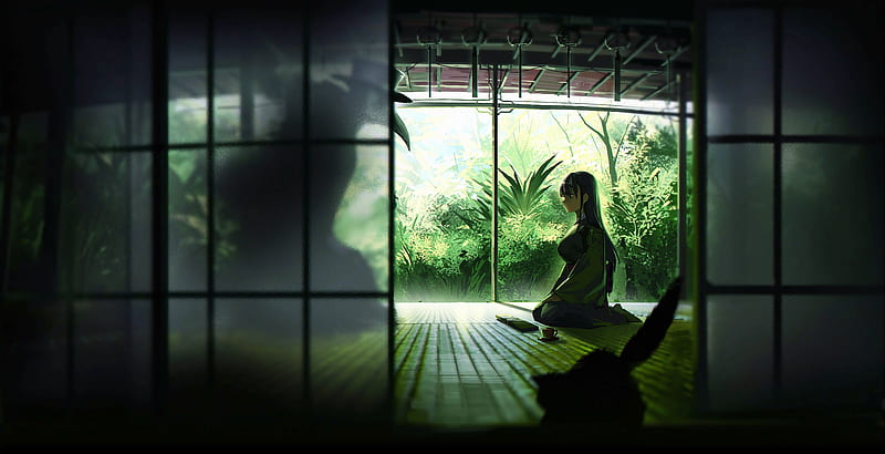 anime girl, traditional house, kimono, foliage, creature, Anime, HD wallpaper