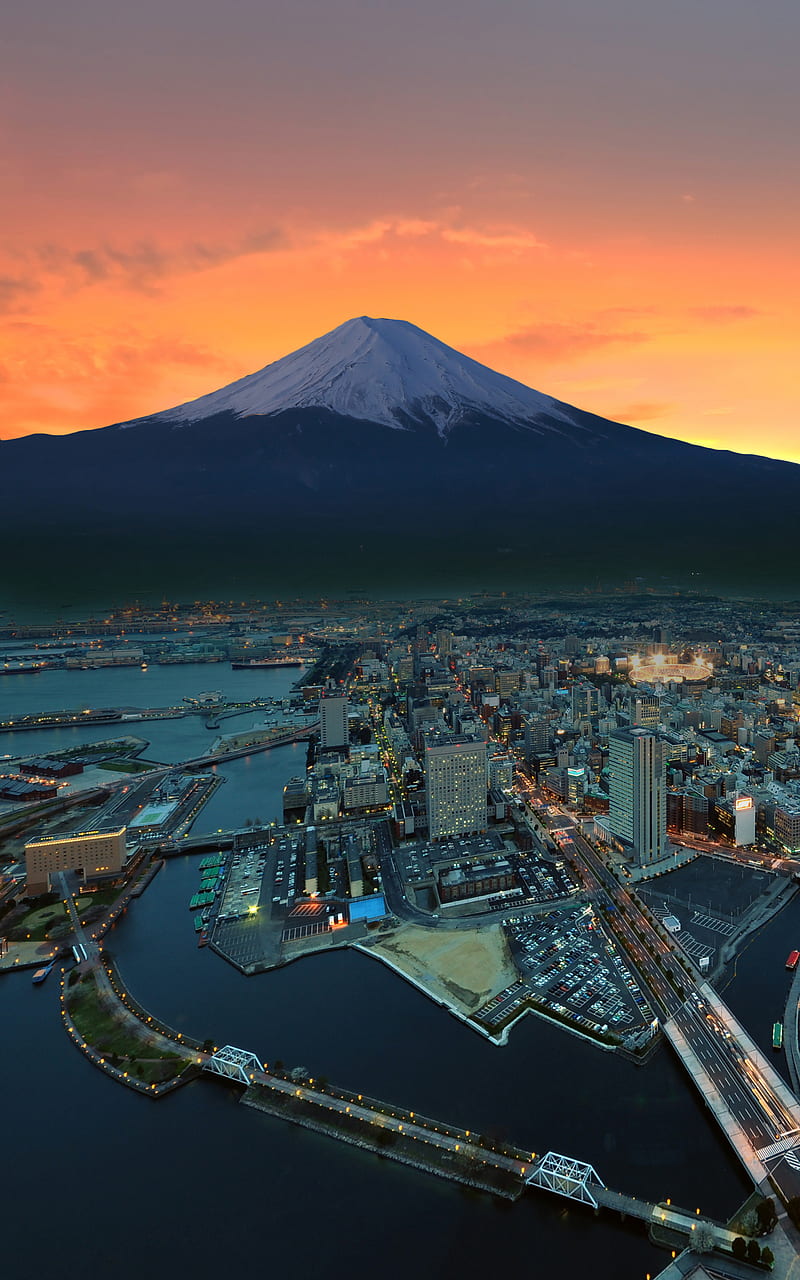 Mount Fuji, sunset, japan, city, mountains, snowy peak, portrait display, HD phone wallpaper