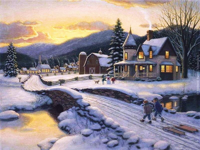 Day's End, sleigh, cottage, children, church, artwork, barn, winter, snow, bridge, painting, village, river, HD wallpaper