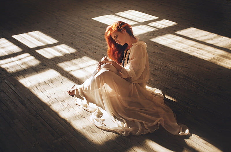 She, red, hair, sun, dress, floor, model, woman, HD wallpaper