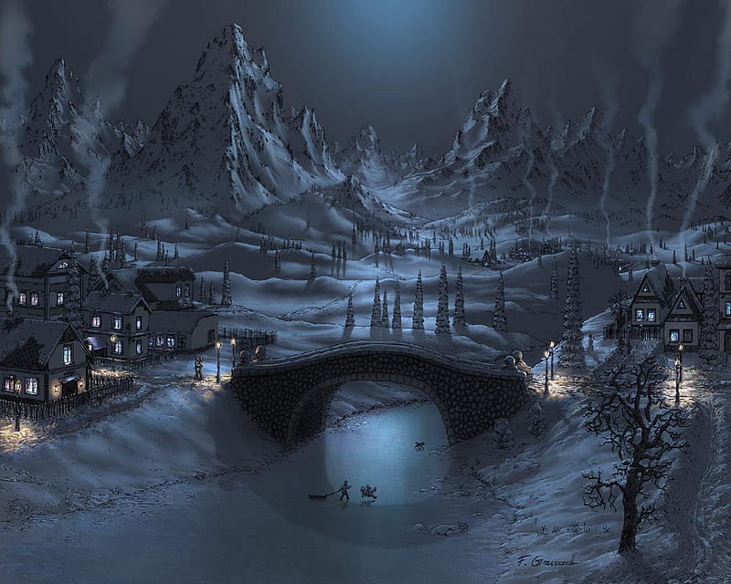 Winter Village At Night, snow, mountains, houses, ice, river, trees, kids, HD wallpaper