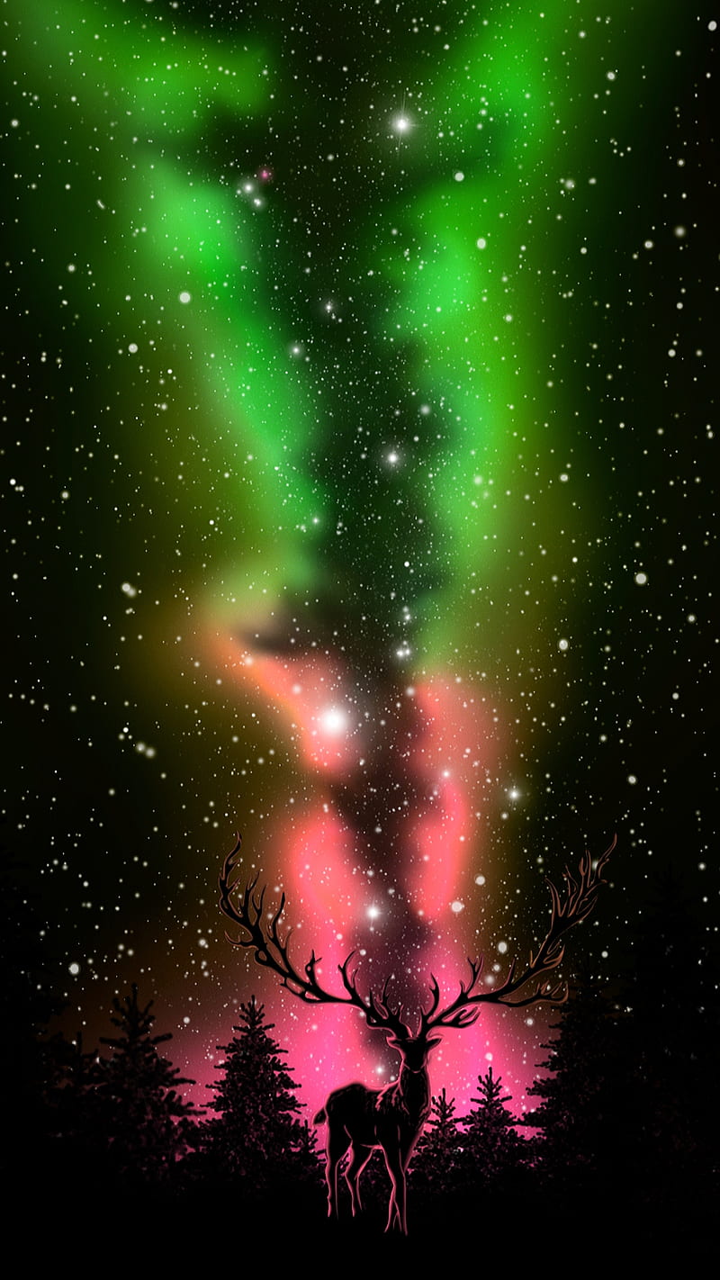 Nebula, animal, deer, night, pink green, red, silhouette, stars, HD phone wallpaper