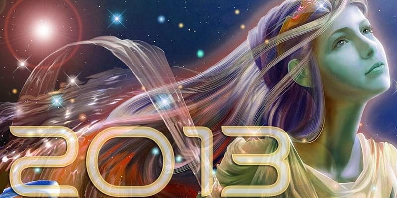 Happy New Year!, red, stars, happy new year, sky, woman, 2013, fantasy, girl, green, blue, HD wallpaper