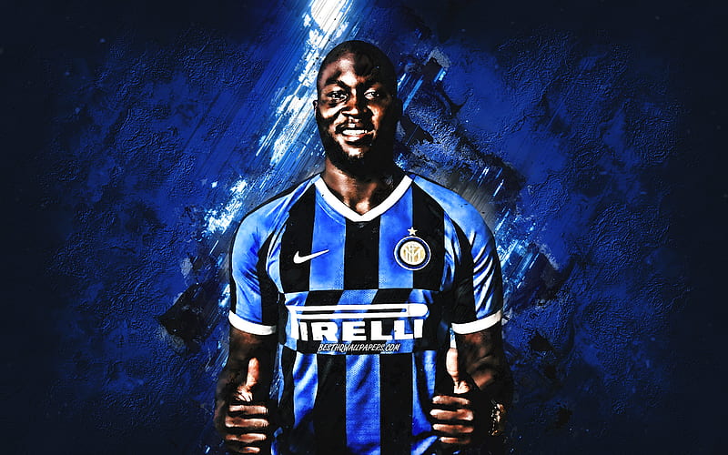 Romelu Lukaku, Inter Milan, portrait, FC Internazionale, Belgian football player, Serie A, Italy, blue stone background, football, Lukaku Inter, HD wallpaper