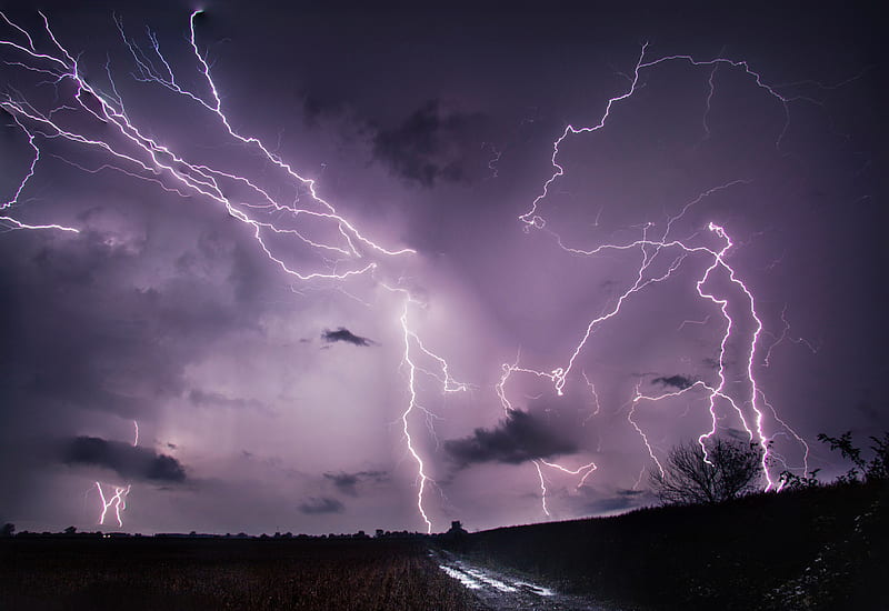 lightning, thunderstorm, road, field, HD wallpaper