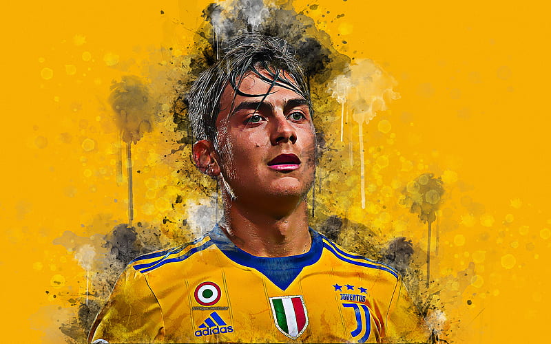 Paulo Dybala creative art, splashes of paint, grunge art, portrait, face, Juventus FC, Italy, Serie A, football, yellow uniform, Argentinian footballer, HD wallpaper