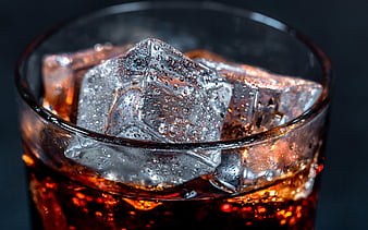Coca Cola with ice, ice cubes, drops of water on ice, Coca Cola, HD wallpaper