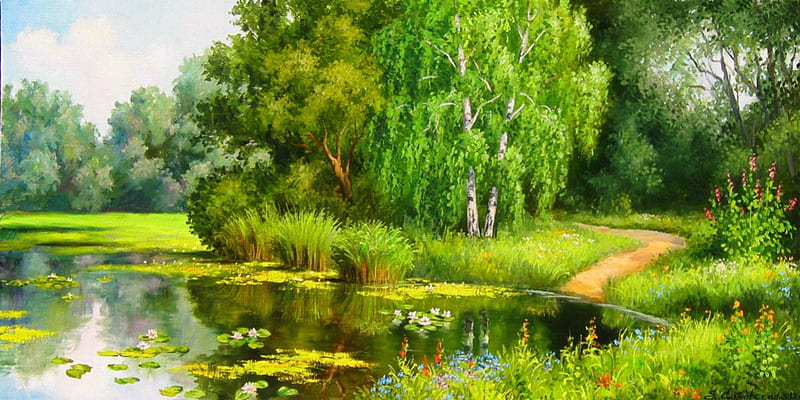 Overgrown pond, grassy, pretty, shore, grass, overgrown, bonito, nice, green, painting, flowers, forest, quiet, calmness, lovely, greenery, lilies, trees, lake, pond, water, serenity, nature, lakeshore, HD wallpaper