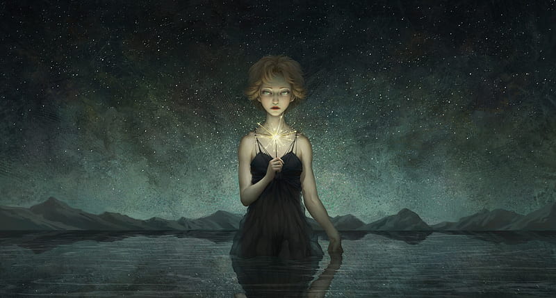Starfield, art, fantasy, luminos, girl, frumsete, star, night, frumusete, HD wallpaper Starfield, art, fantasy, luminos, girl, frumsete, star, night, frumusete, HD wallpaper