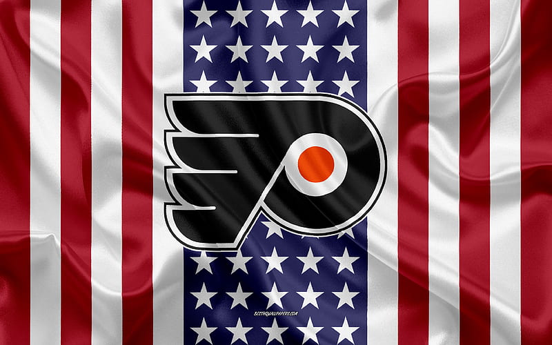 Philadelphia Flyers logo, emblem, silk texture, American flag, American hockey club, NHL, Philadelphia, Pennsylvania, USA, National Hockey League, ice hockey, silk flag, HD wallpaper