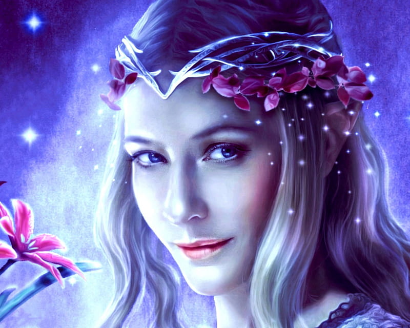 Galadriel, luminos, elf, queen, woman, fantasy, girl, purple, lotr, flower, beauty, celtica-harmony, face, pink, light, blue, HD wallpaper