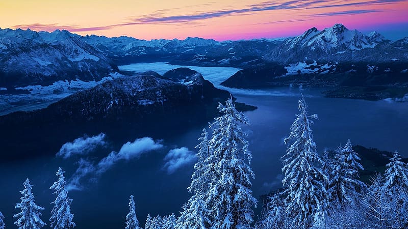 Lake Lucerne and Mount Rigi, Switzerland, winter, snow, trees, colors, landscape, sky, mountains, sunrise, alps, HD wallpaper