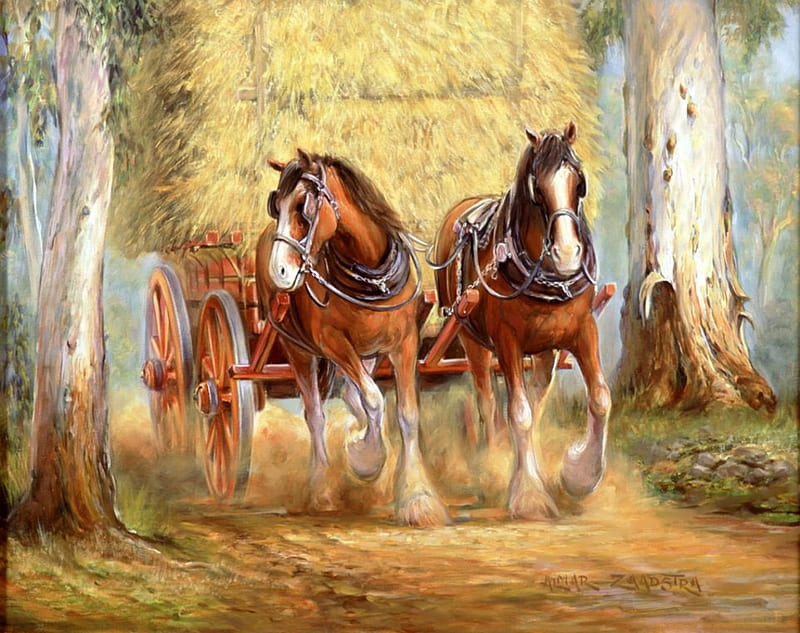 Country Clydesdales, painting, cart, straw, trees, artwork, horses, HD wallpaper