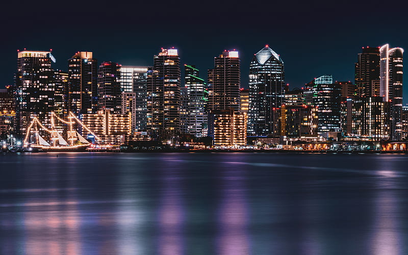 San Diego, night, cityscape, modern buildings, San Diego Bay, skyscrapers, San Diego skyline, California, USA, HD wallpaper