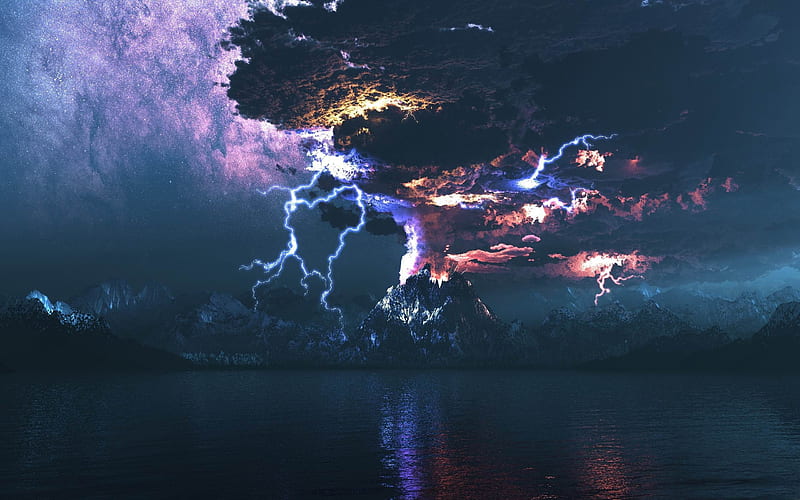 volcano eruption lightning-3D creative design theme, HD wallpaper