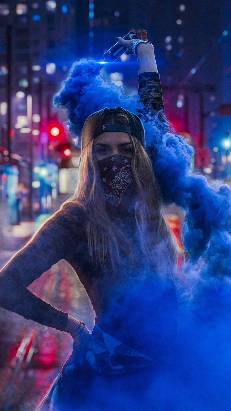 Blue smoke, blue, female, girl, mask, smoke, tattoo, HD phone wallpaper