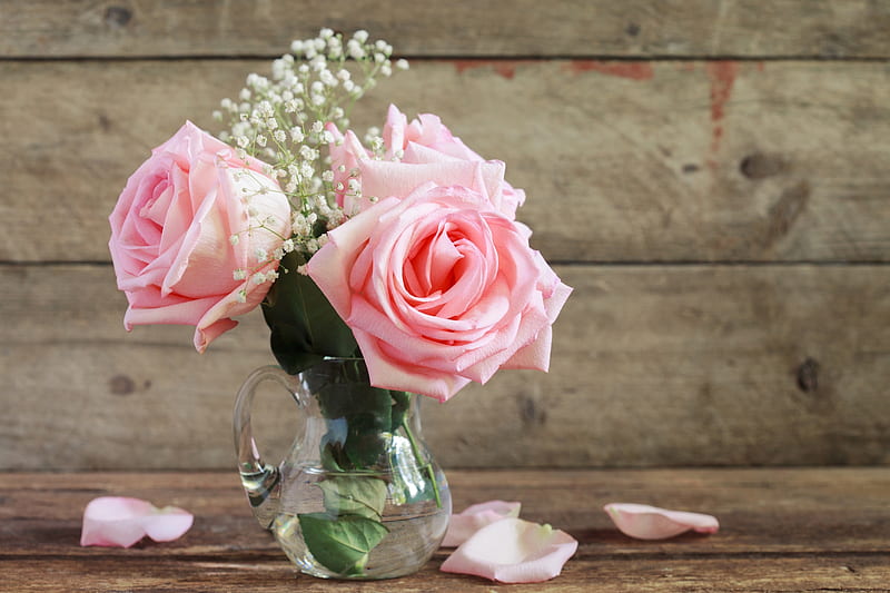 Roses, glass, rose, flower, vase, petals, pink, wood, trandafir, HD wallpaper