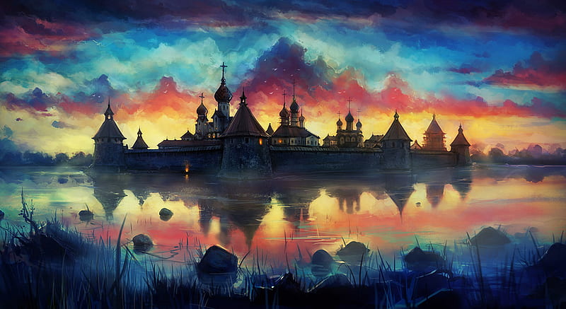 Amazing Painting Monastery Sky, painting, sky, artist, HD wallpaper