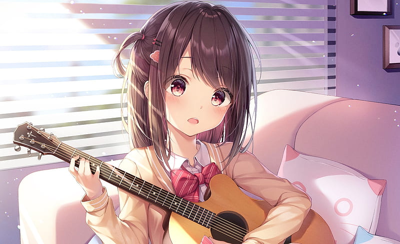 anime school girl, playing guitar, instrument, music, room, brown hair, school uniform, Anime, HD wallpaper