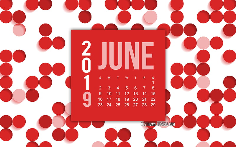 2019 June calendar, red abstract background, calendar for June 2019, red dots background, 2019 calendars, June, creative red background, HD wallpaper
