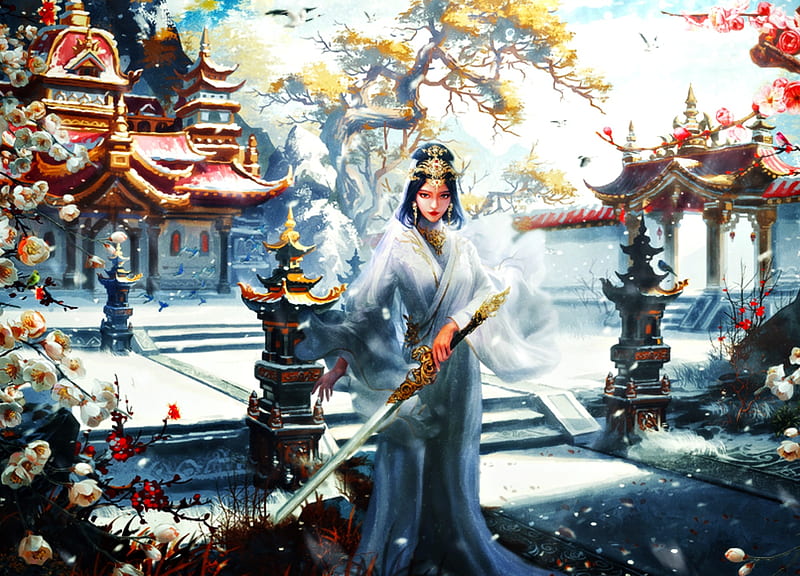 End of winter by bright-light-nsh, art, luminos, bright-light-nsh, spring, woman, winter, blossom, fantasy, girl, samurai, katana, flower, sword, blue, HD wallpaper