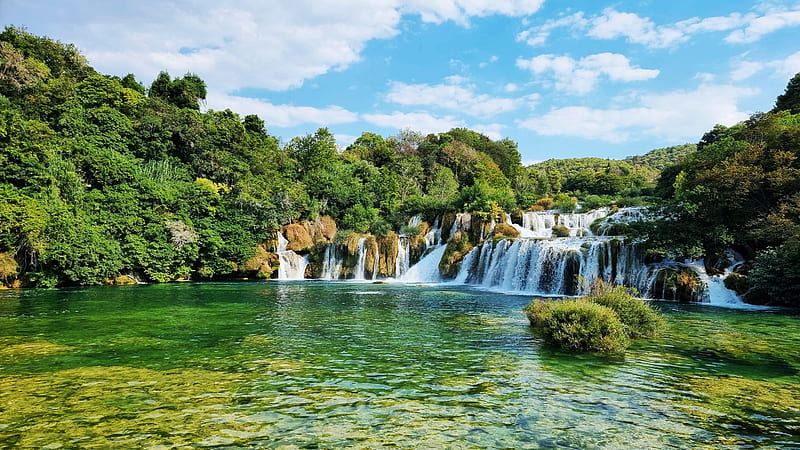 Krka National Park, Croatia, waterfalls, water, clouds, trees, landscape, sky, HD wallpaper