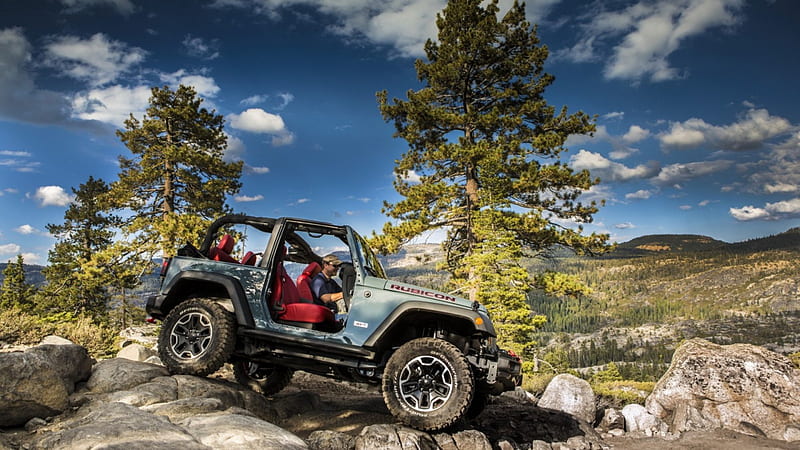 jeep wrangler rock climbing r, rocks, mountains, r, truck, trees, HD wallpaper