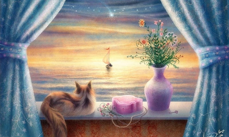 cats-cat-window-art-sailboat-flower-animal-pictorial-sea-sunset-painting-smiling-, Fenster, Vase, Blume, Cats, Deutschland, HD wallpaper