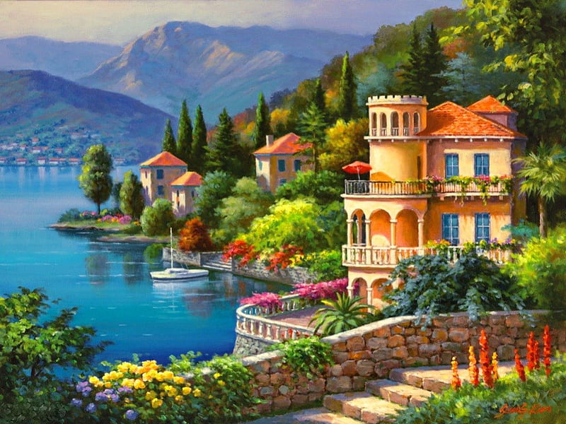 Village on lakeshore, pretty, colorful, shore, cottages, slopes, sunny, bonito, sea, mountain, nice, painting, village, flowers, cabins, blue, lovely, view, houses, town, trees, lake, summer, nature, lakeshore, coast, HD wallpaper