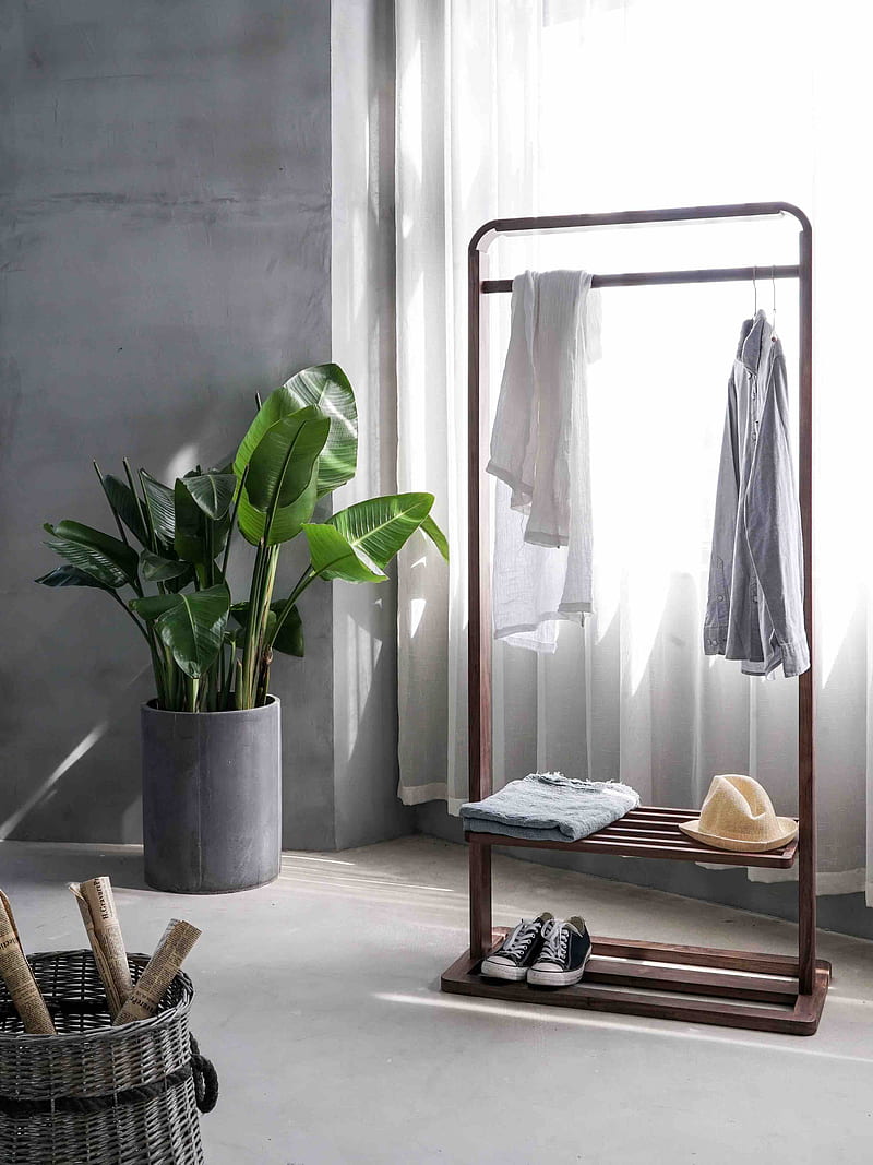 gray dress shirt hang on brown wooden rack in front of window with white curtain, HD phone wallpaper