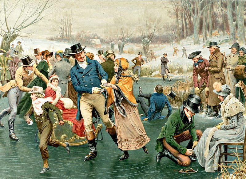 Fun at the rink, rink, frank dadd, art, christmas, winter, retro, people, painting, vintage, HD wallpaper