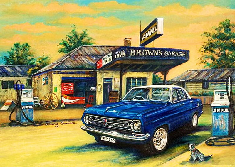 Rodney's Hot Rod, gasoline station, house, garage, car, artwork, HD wallpaper