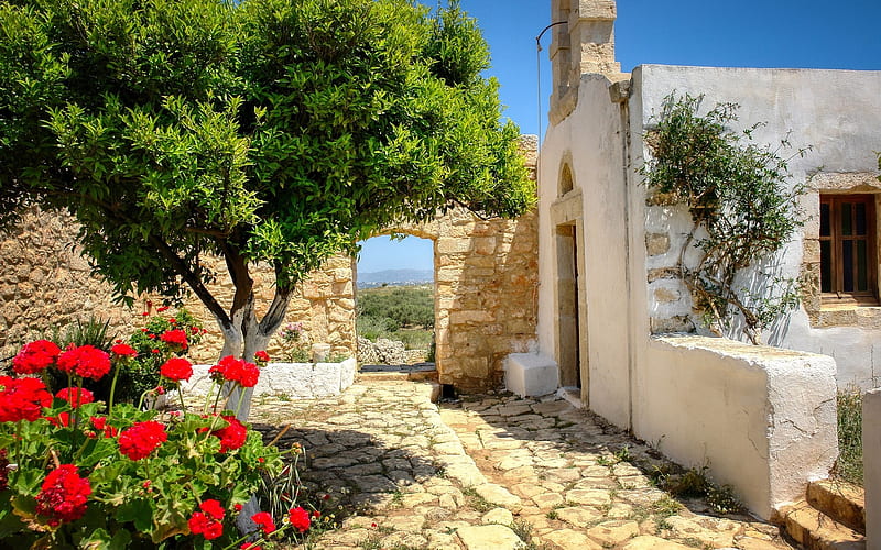 Chapel in Greece, Crete, gate, Greece, tree, flowers, chapel, HD wallpaper