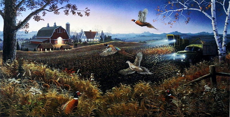 Evening Harvest, house, birds, artwork, barn, harvester, painting, field, landscape, light, HD wallpaper