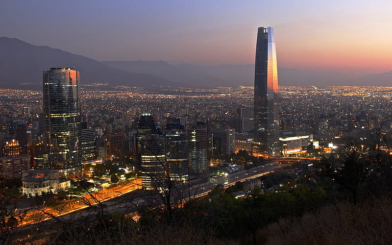 Santiago, Chile, evening, skyscrapers, Titanium La Portada, Gran Torre Santiago, Torre Gran Costanera, The Costanera Center Torre 2, HD wallpaper