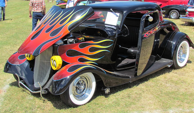 1933 Ford Hot Rod Coupe, 33, black, show car, coupe, cool, hot rod, flames, ford, classic, 1933, vintage, HD wallpaper