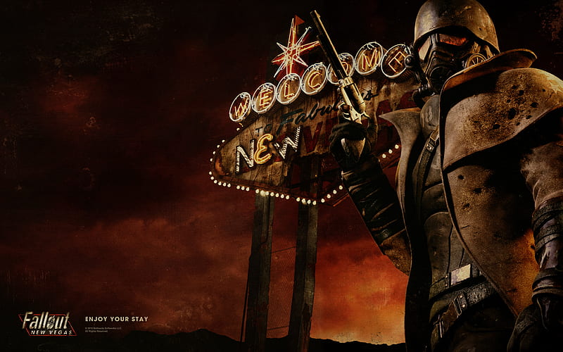 Welcome to New Vegas, red, fallout, soldier, welcome, video game, sign, new vegas, gun, enjoy your stay, las vegas, HD wallpaper