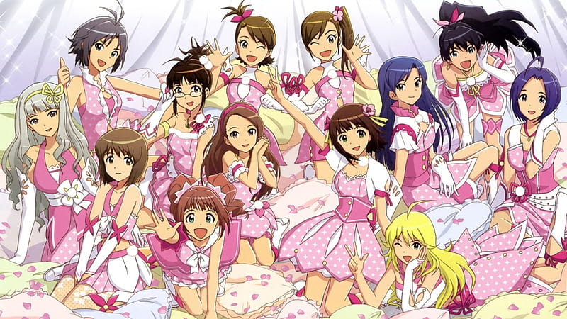 ~Team Idolmaster~, pink outfits, anime, idolmaster, petals, girls, happy, pillows, HD wallpaper