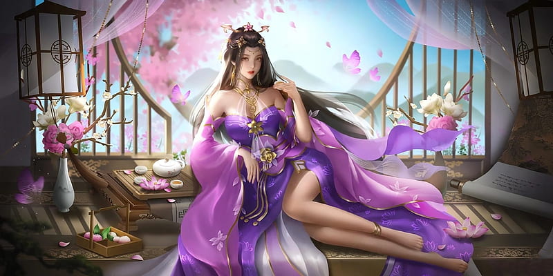 Temptress of the Orient, digital, orient, art, fantasy, , girl, woman, beautiful, purple, lamamake, HD wallpaper