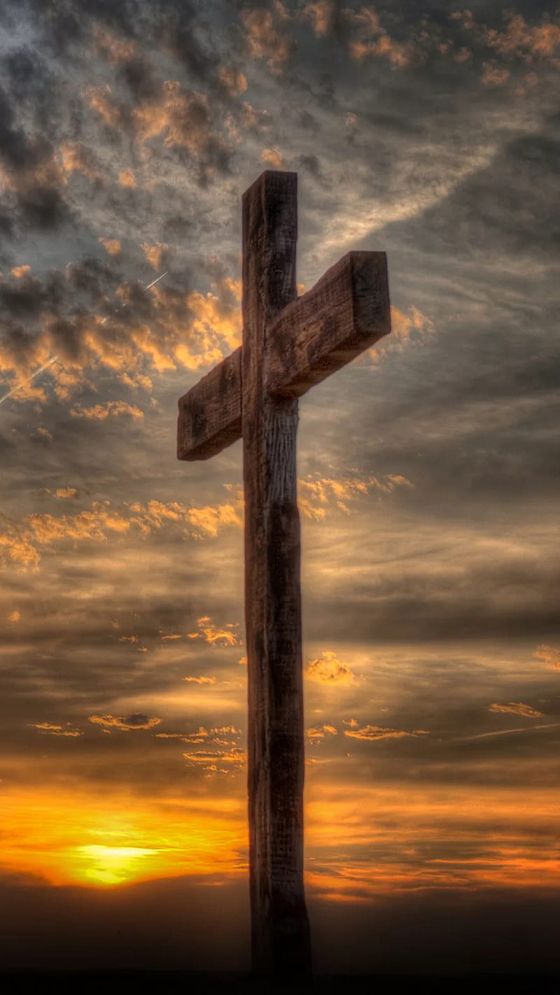 Wooden cross, christ, christian, clouds, jesus, sky, son of god, spirituality, sunset, HD phone wallpaper