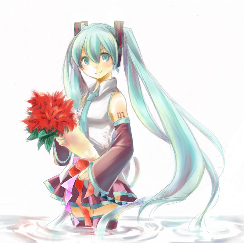 Hatsune Miku, pretty, twintail, roses, cute, water, anime, flowers ...