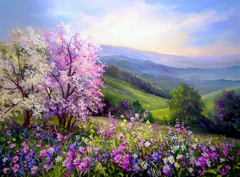 Spring, pretty, sunny, shine, bonito, fragrance, mountain, nice, painting, flowers, beauty, light, art, hills, lovely, sunlight, colors, scent, sky, trees, freshness, rays, purple, slope, blossoms, flowering, blooming, meadow, field, landscape, HD wallpaper