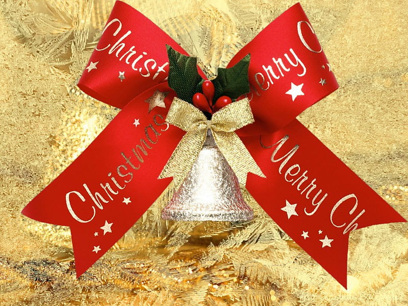 Christmas bell, red, pretty, colorful, lovely, holiday, golden, ribbon, bonito, new year, silver, mood, winter, nice, HD wallpaper