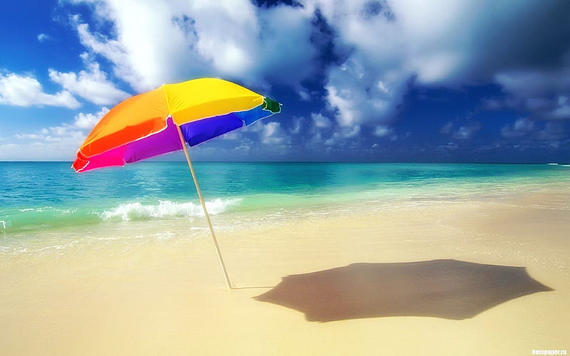 rainbow umbrella, beach, sand, water, wet, umbrella, nature, clouds, sky, HD wallpaper