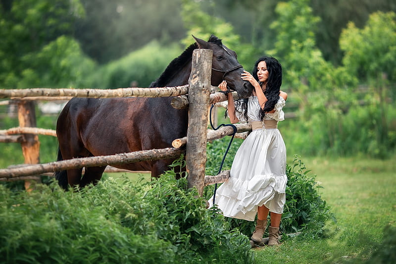 :), fence, rural, dress, model, cowgirl, horse, woman, country, brunette, cal, girl, green, summer, white, HD wallpaper