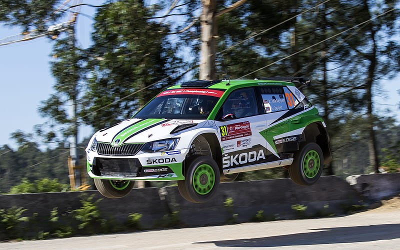 Andreas Mikkelsen WRC, rally, jump, FIA World Rally Championship, Skoda Motorsport, Skoda Fabia WRC, HD wallpaper