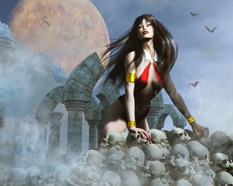 Vampirella And Skulls, Skulls, Ruins, Moon, Vampirella, Bats, HD wallpaper