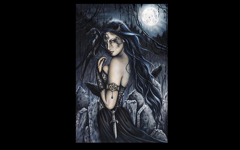 The Morrigan, witch, crow, wiccan, fullmoon, HD wallpaper