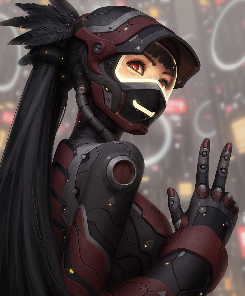 GUWEIZ, women, black hair, science fiction, Z.W. Gu, illustration, drawing, original characters, peace sign, fingers, mask, long hair, depth of field, concept art, artwork, side view, portrait display, 2D, fantasy painting, red eyes, smiling, HD phone wallpaper